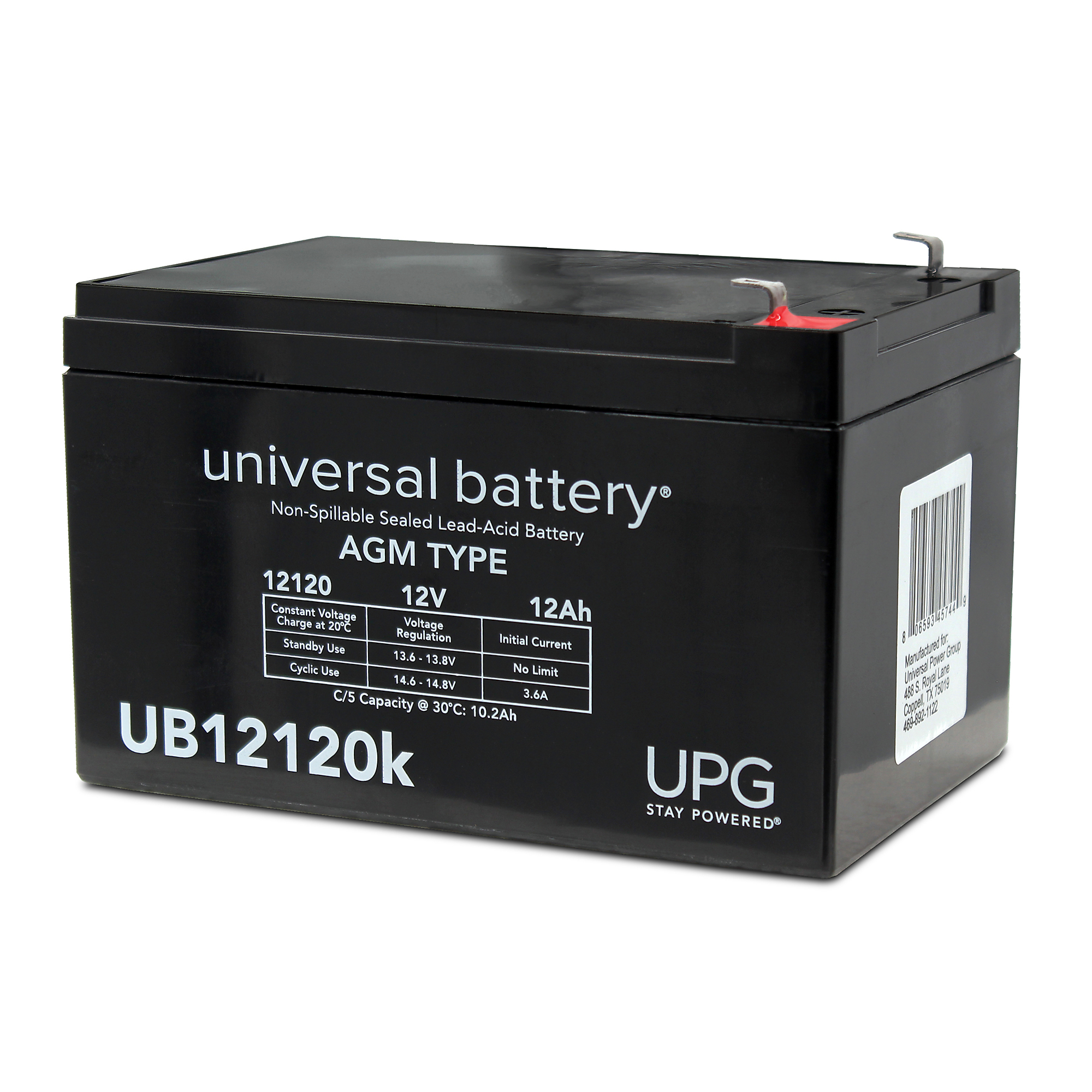 UPG, 12V 12Ah Battery F1 tabs, Volts 12 Amp Hours 12 Model# D5744